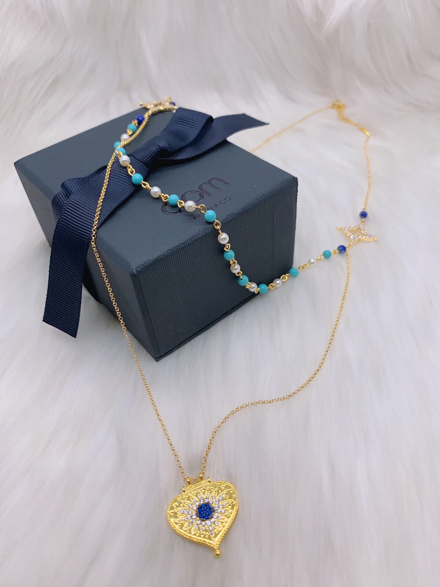 APM Monaco Elegant Double Layered Gold Plated Necklace with Turquoise and Pearl Beads